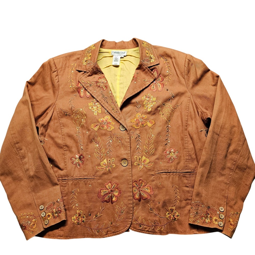 Coldwater Creek Blazer Womens XL Rust Orange Floral Embroidered Cotton‎ Jacket